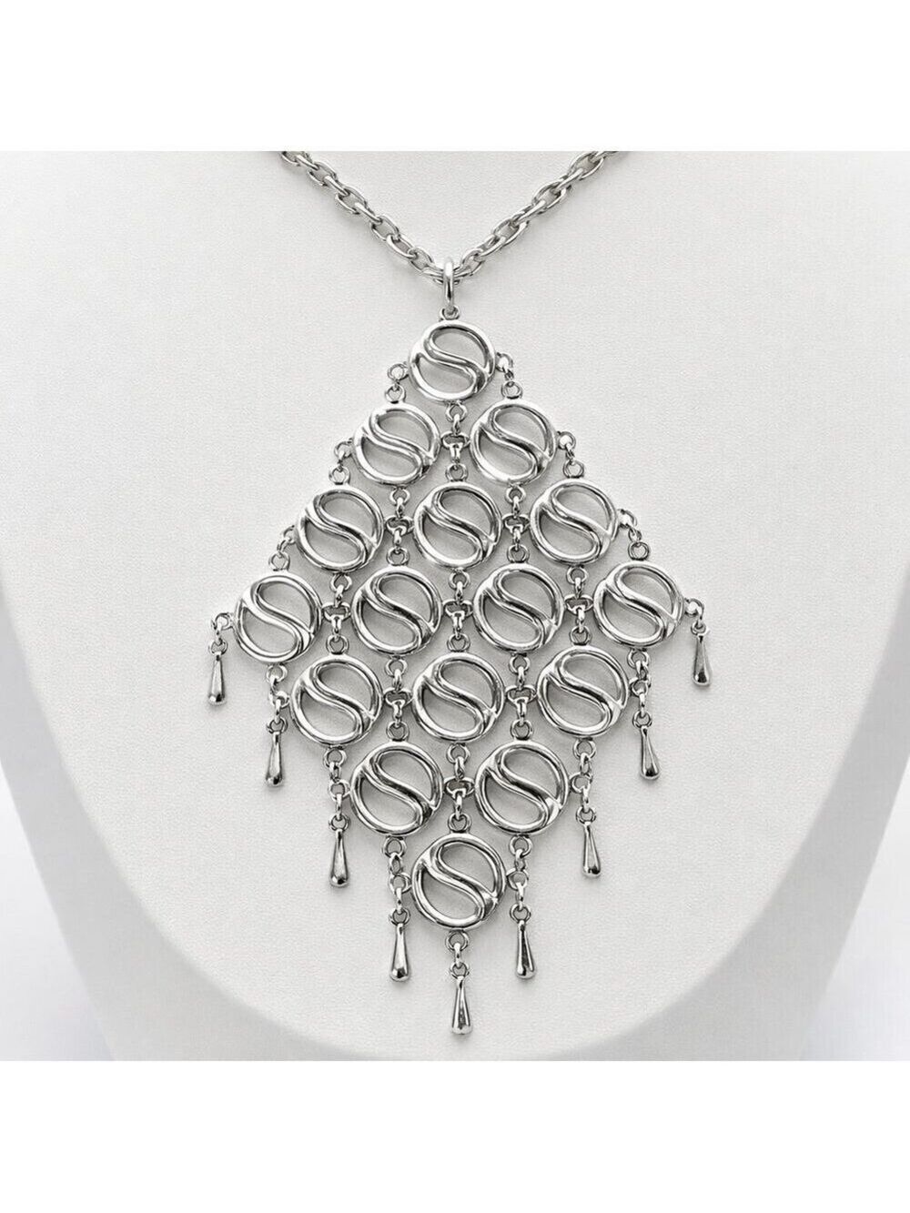 D'Orlan Bold Silver Cascade Pendant Necklace Modern Statement Jewelry 24''